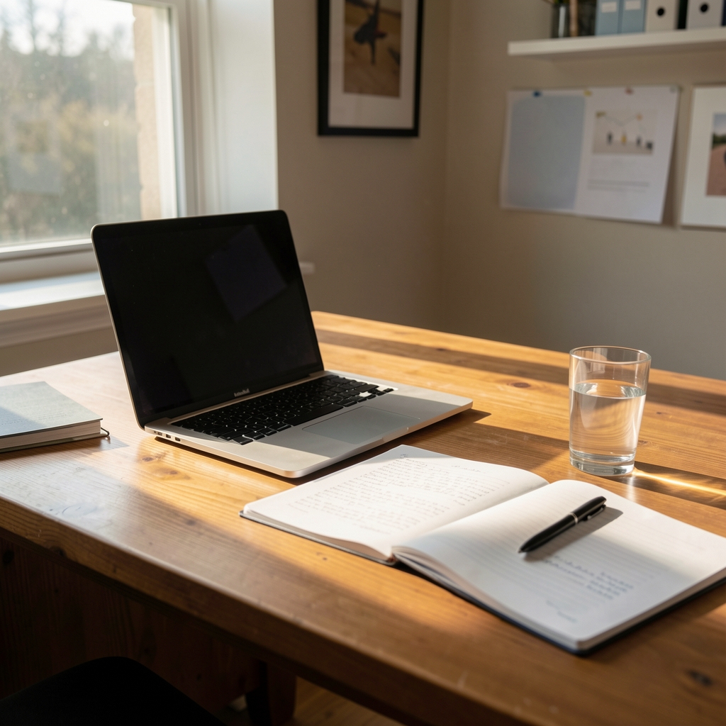 Morning light falling across a wooden desk with a laptop, research notes, and a glass of water in a quiet home office setting