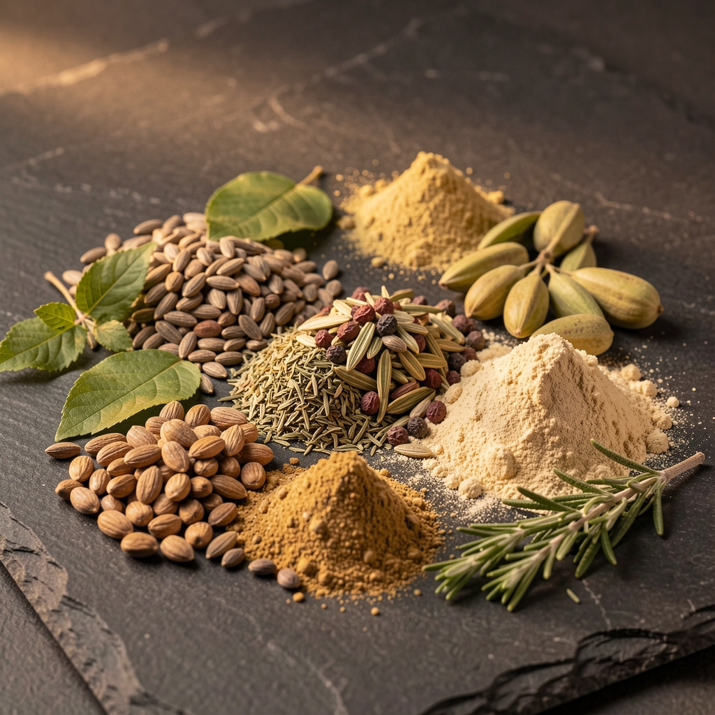 Assorted natural plant-derived supplement ingredients including seeds, leaves, and powders displayed on a dark stone surface under warm studio lighting