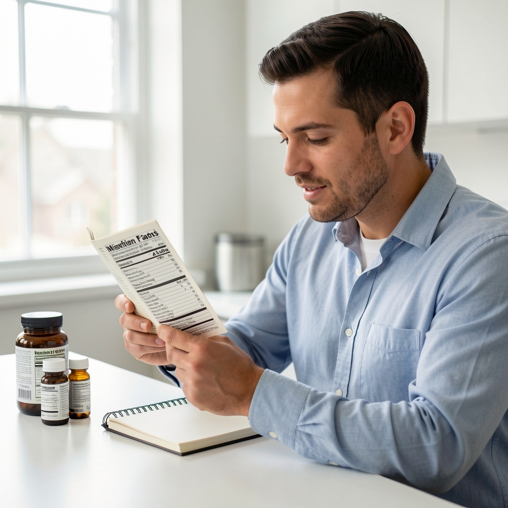 Man reviewing nutritional labels and ingredient formulations at a clean, well-lit workspace with a notebook and supplement containers arranged neatly