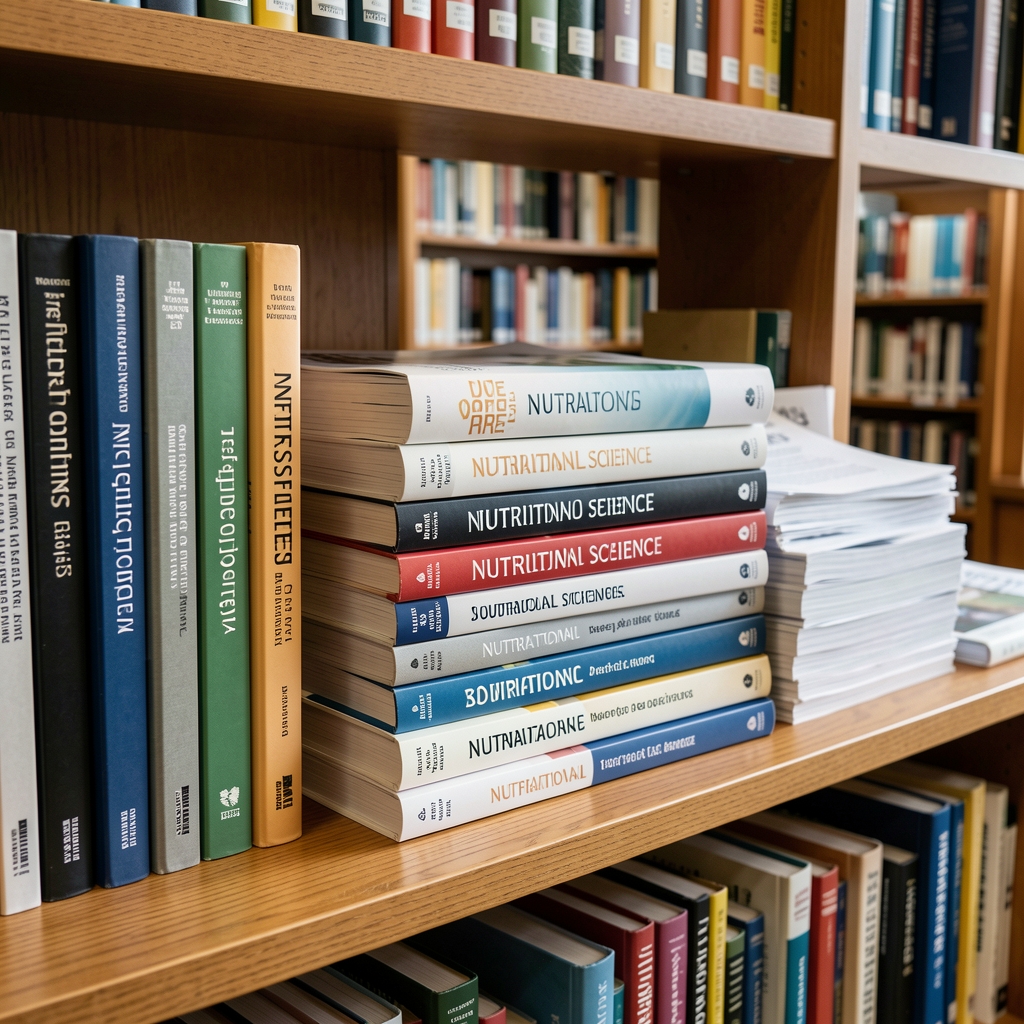 Stack of nutritional science reference books and journal reprints on a wooden shelf in a well-organised editorial research library